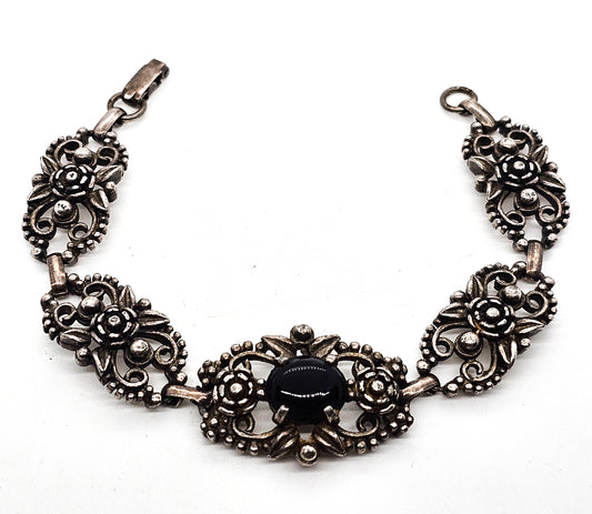 Filigree open work floral vintage panel bracelet with black stone accent