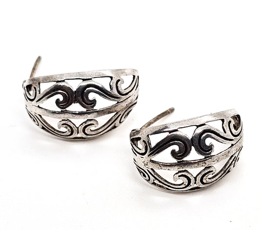 Heart swirl open work vintage sterling silver thick hoop earrings
