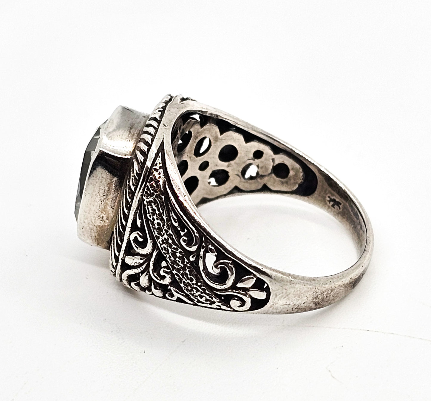 Prasiolite Green Amethyst open work tribal Bali style sterling silver ring size 8.5