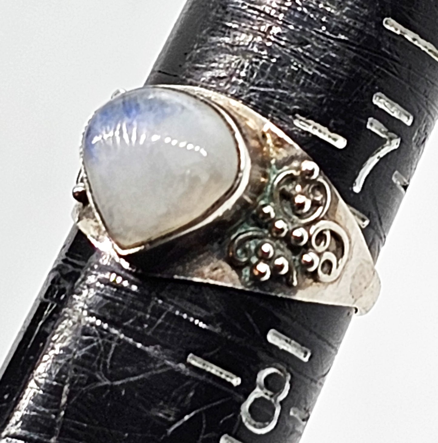 Blue Moonstone Pear cut Balinese Bali style sterling silver vintage ring size 7.5