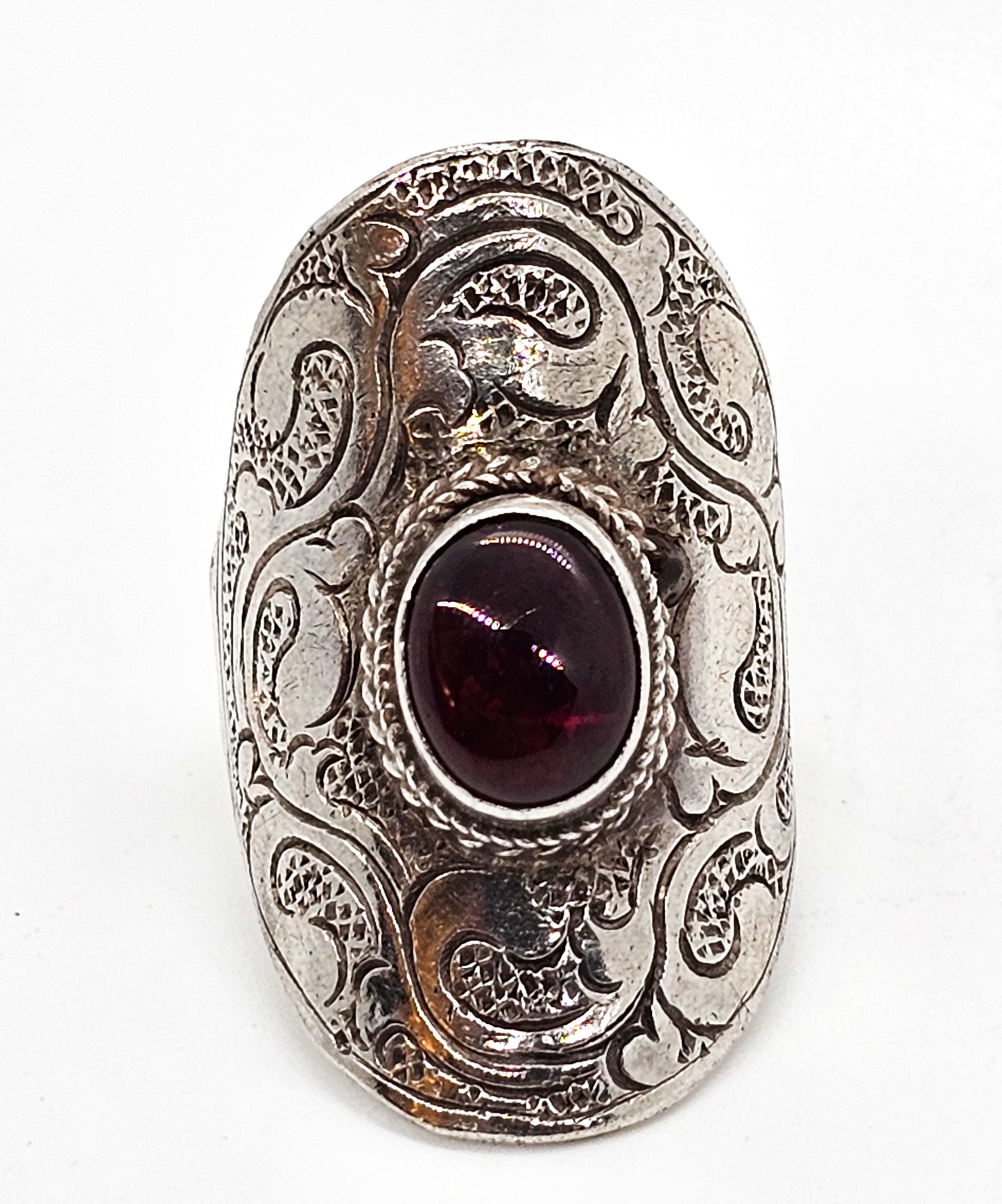 Garnet Large etched sterling silver tribal shield red gemstone ring size 6