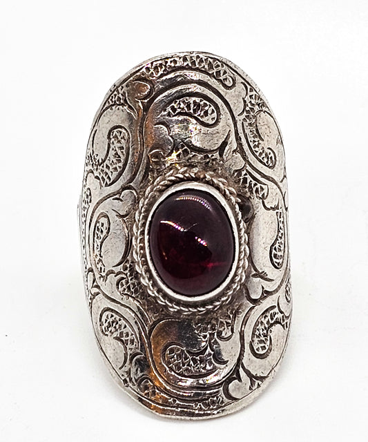 Garnet Large etched sterling silver tribal shield red gemstone ring size 6
