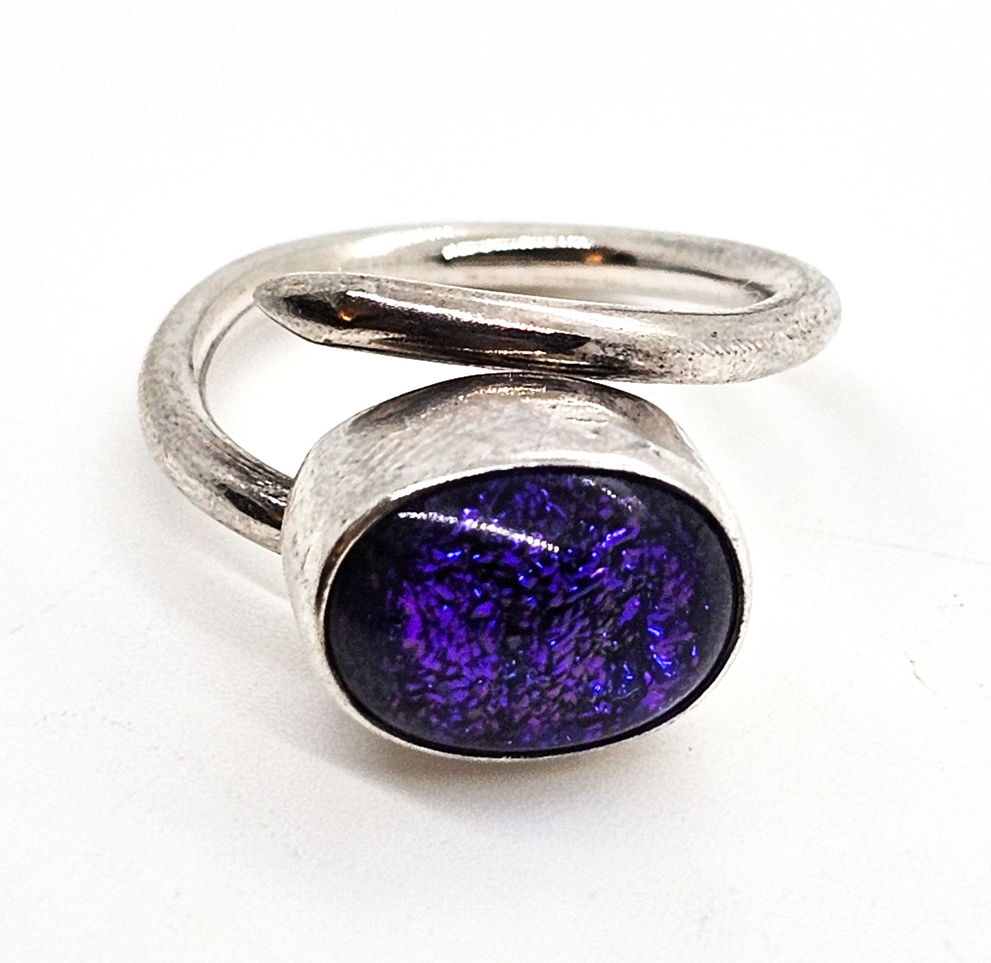 Blue Dichroic glass sterling silver torsade adjustable wrap sterling silver ring size 7.5