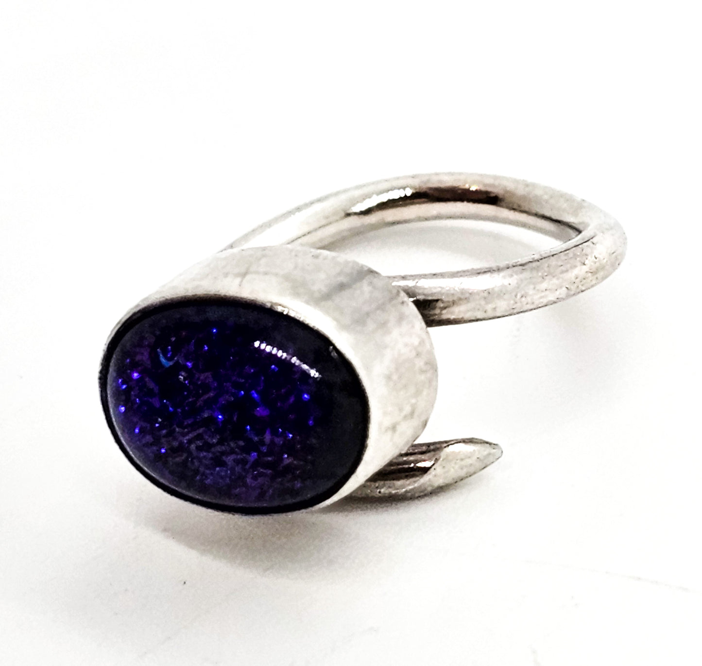 Blue Dichroic glass sterling silver torsade adjustable wrap sterling silver ring size 7.5