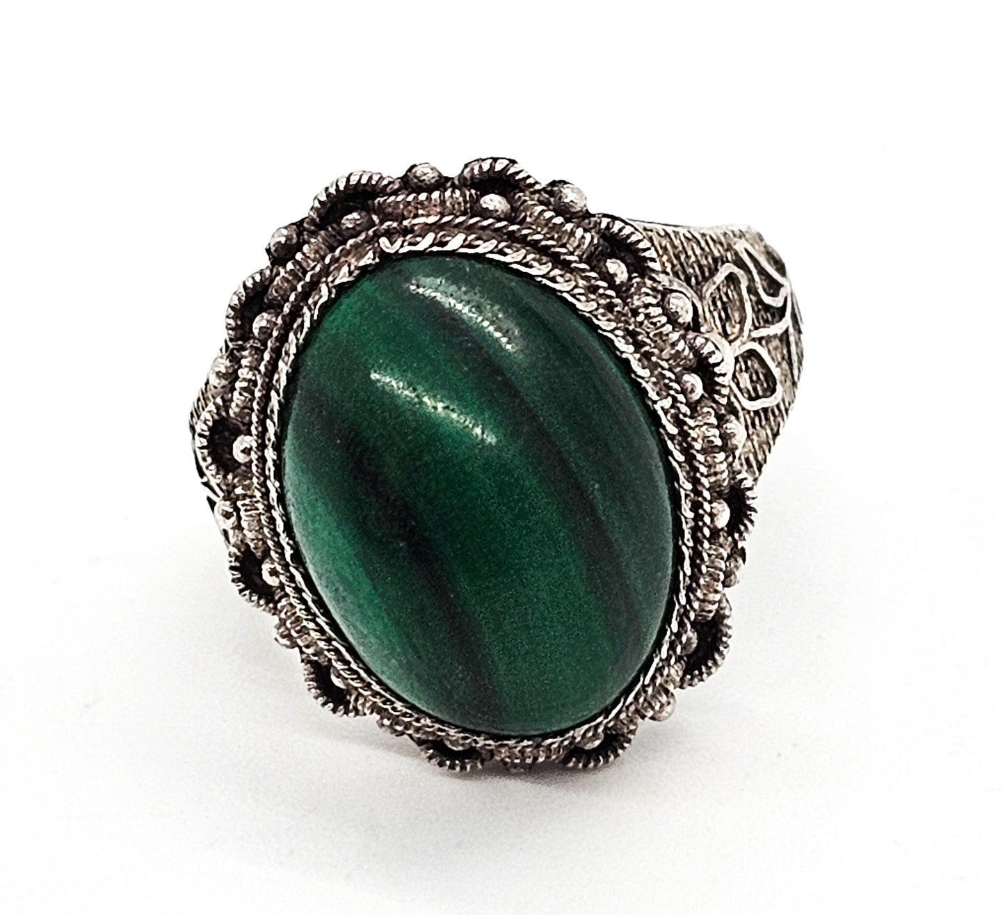 Chinese Export Malachite green gemstone filigree vintage sterling silver ring size 7