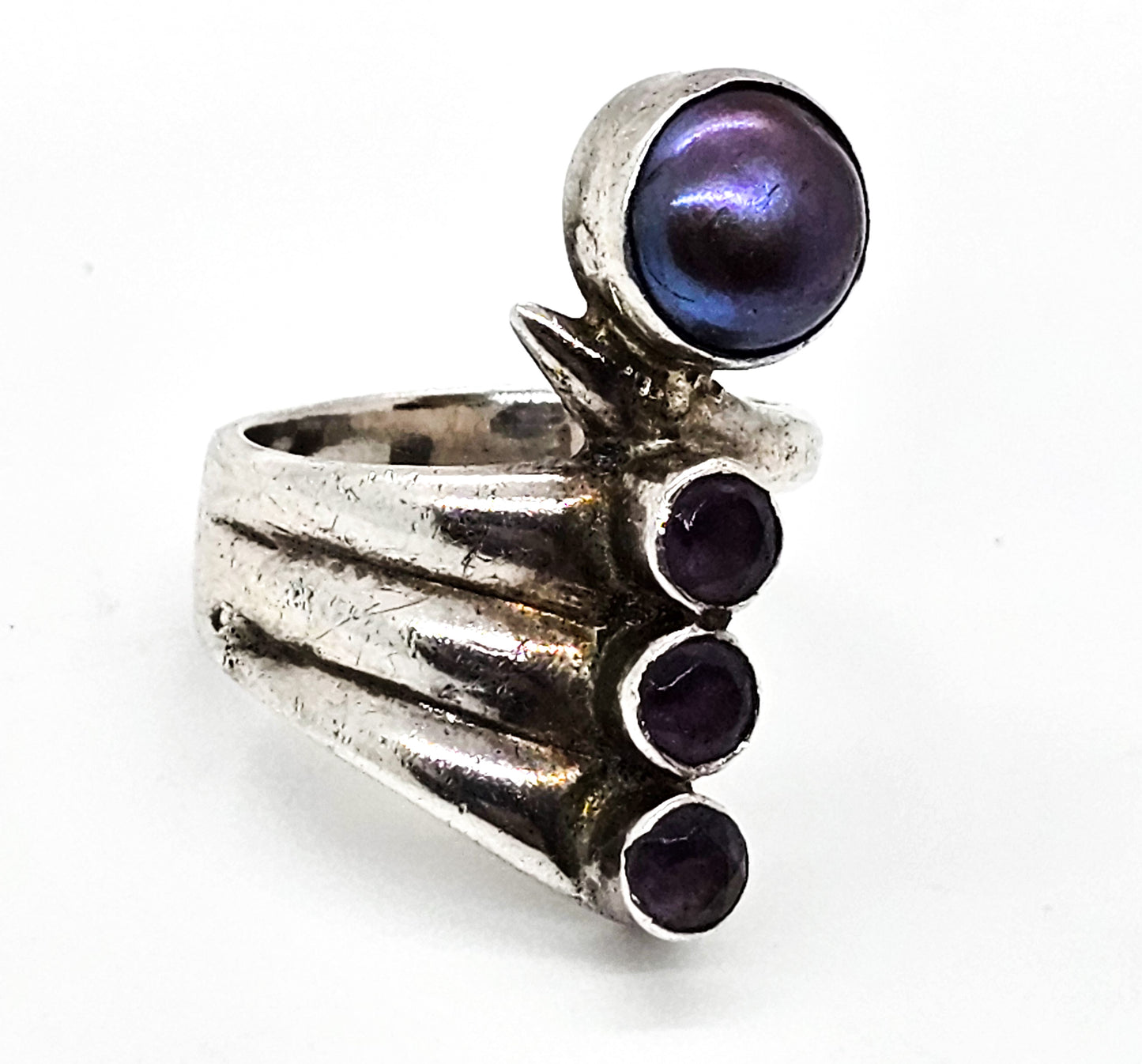 Black Pearl and synthetic purple amethyst sterling silver wave ring size 6