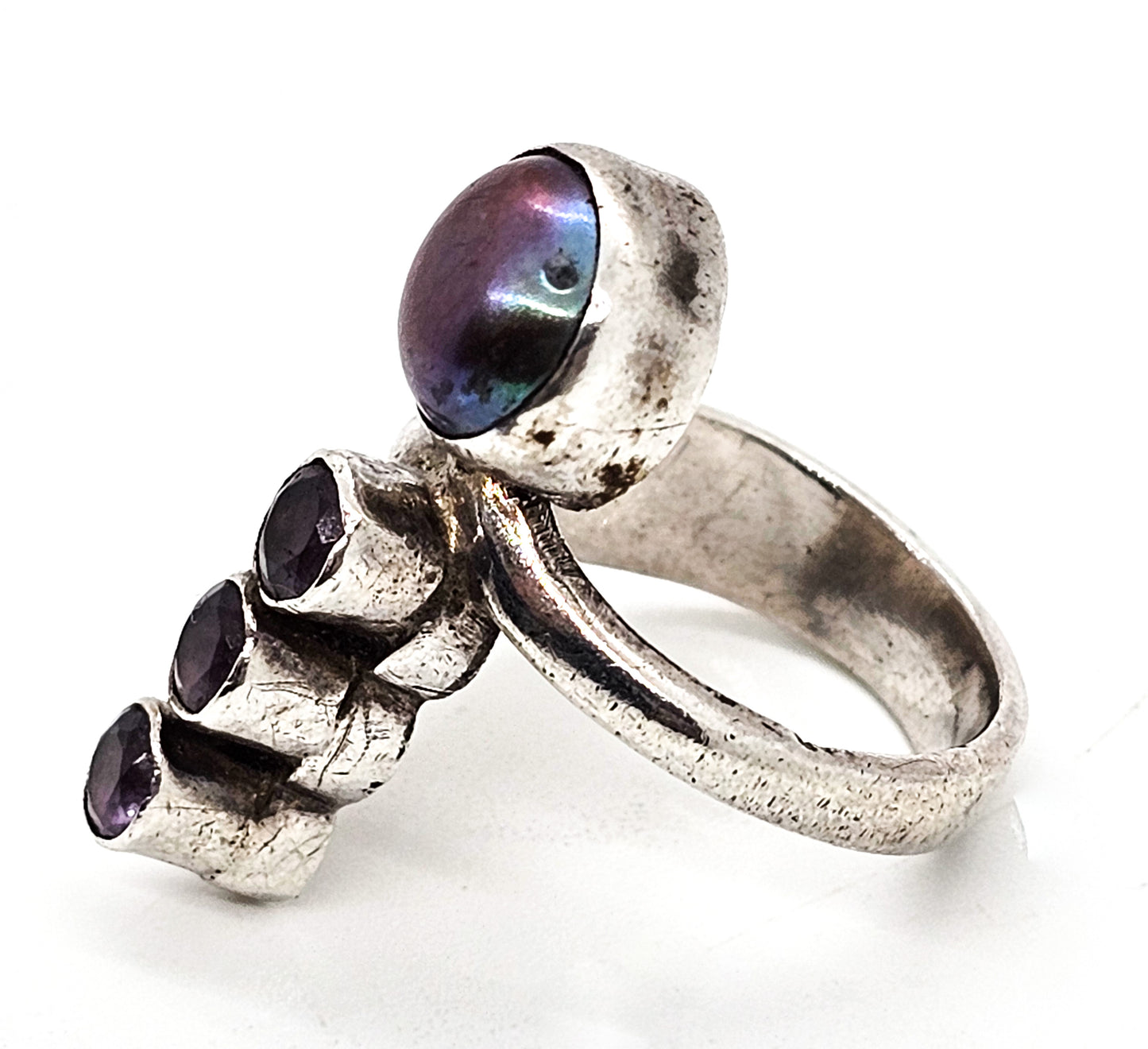 Black Pearl and synthetic purple amethyst sterling silver wave ring size 6