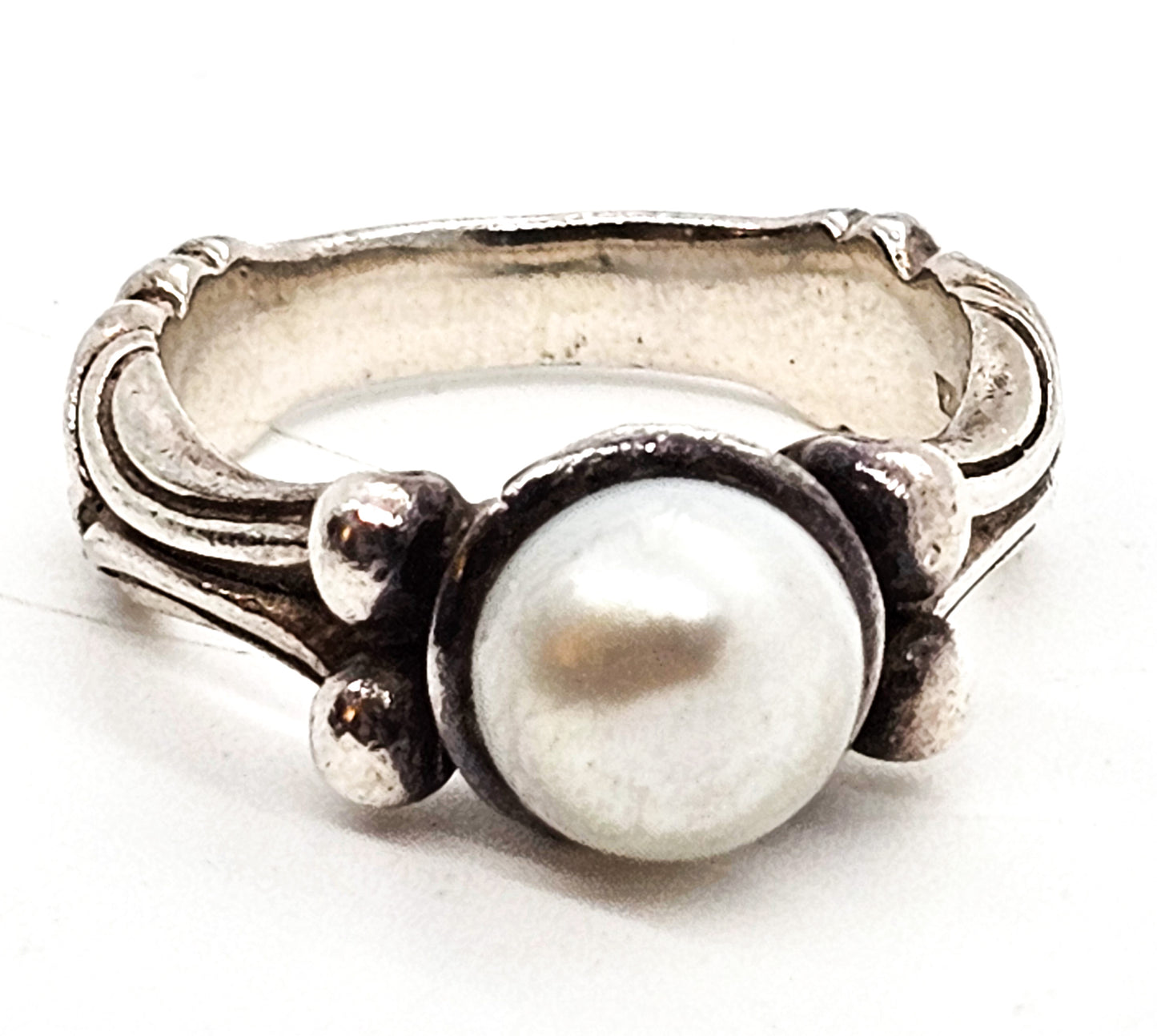 White pearl scroll sterling silver thick solid sterling silver ring size 6