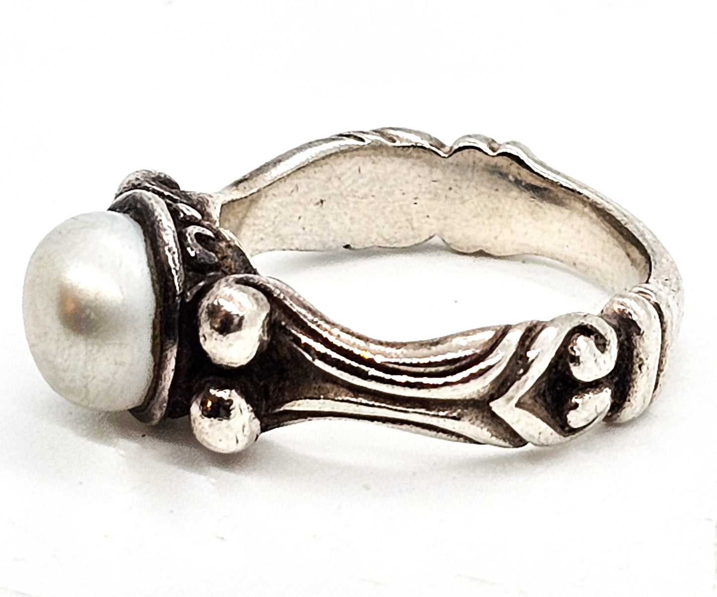 White pearl scroll sterling silver thick solid sterling silver ring size 6