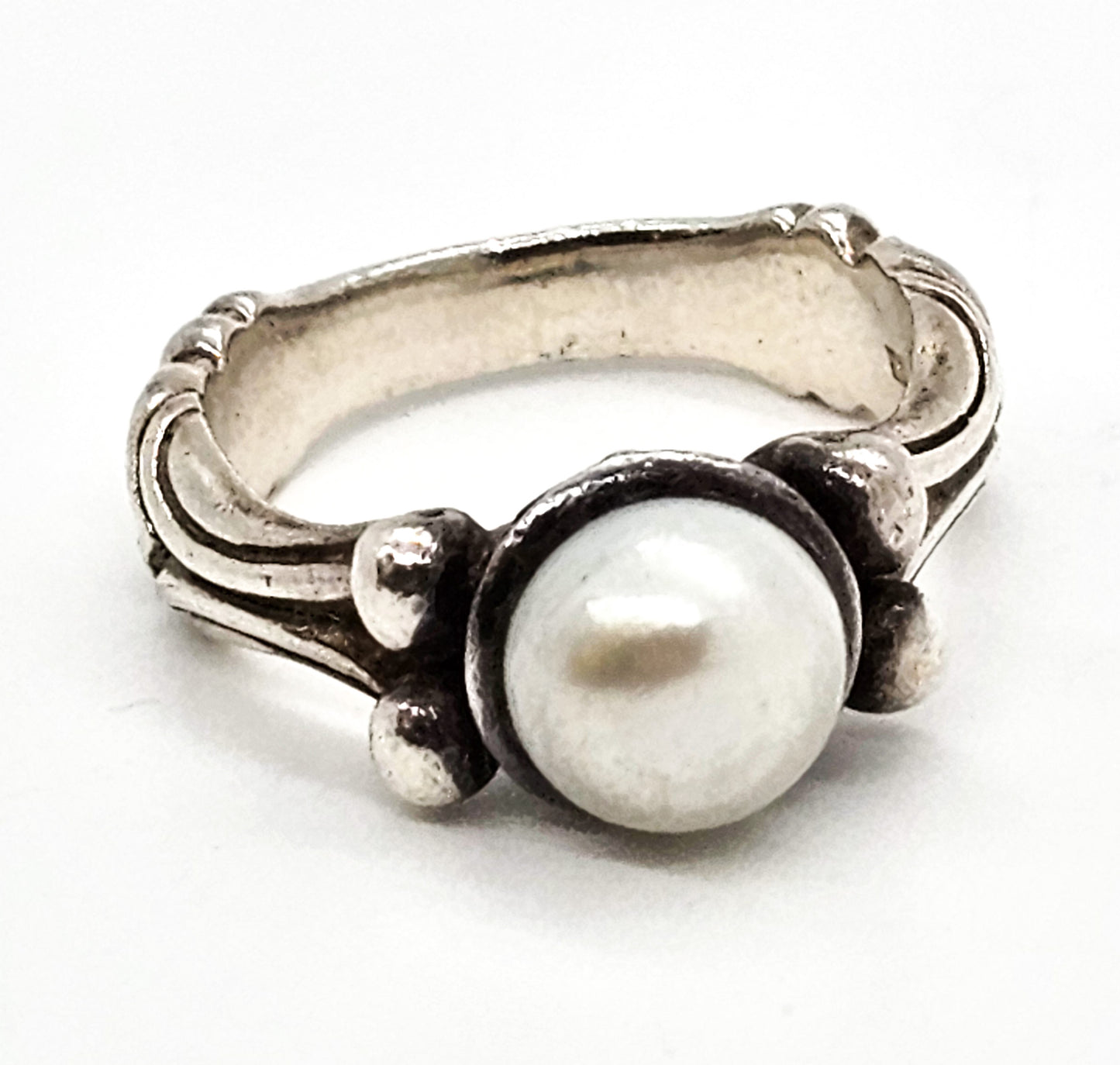 White pearl scroll sterling silver thick solid sterling silver ring size 6