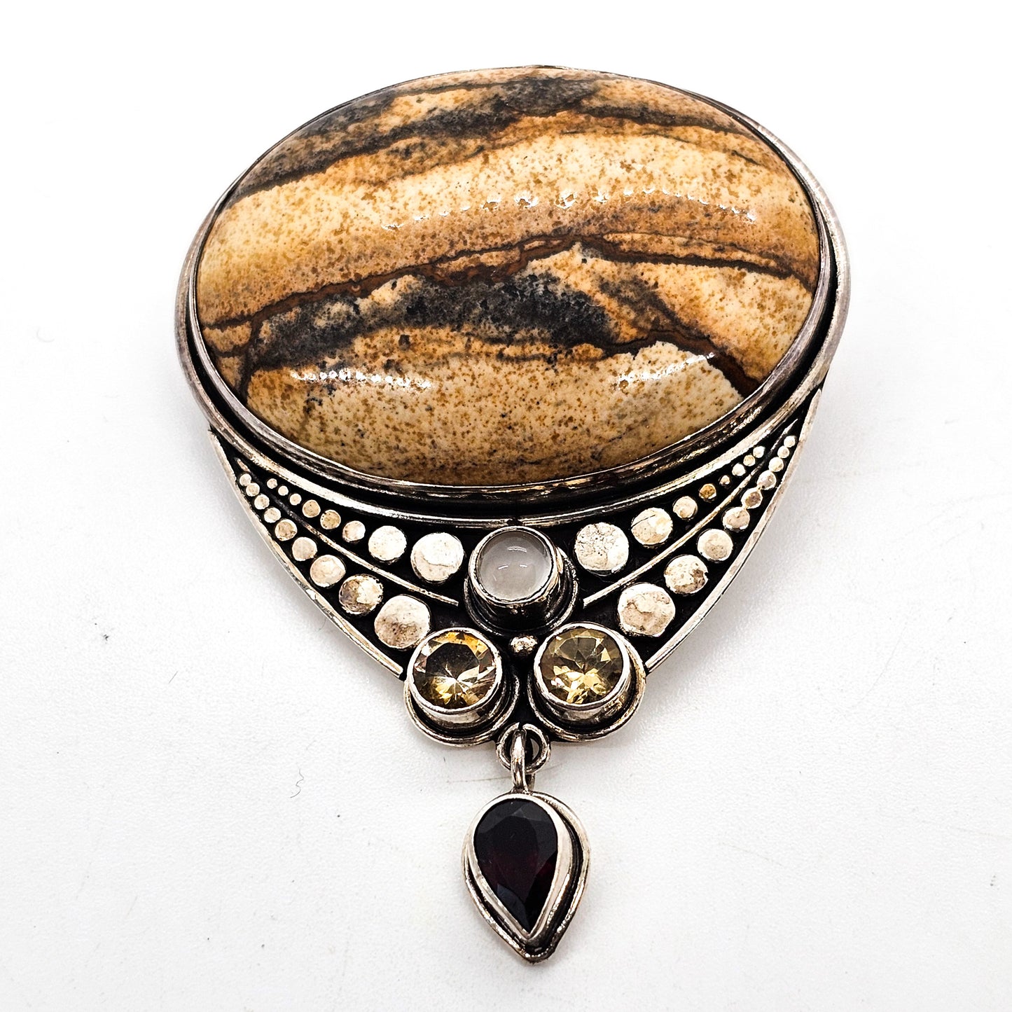 Sajen Picture Jasper with Citrine garnet and cat's eye sterling silver pendant brooch