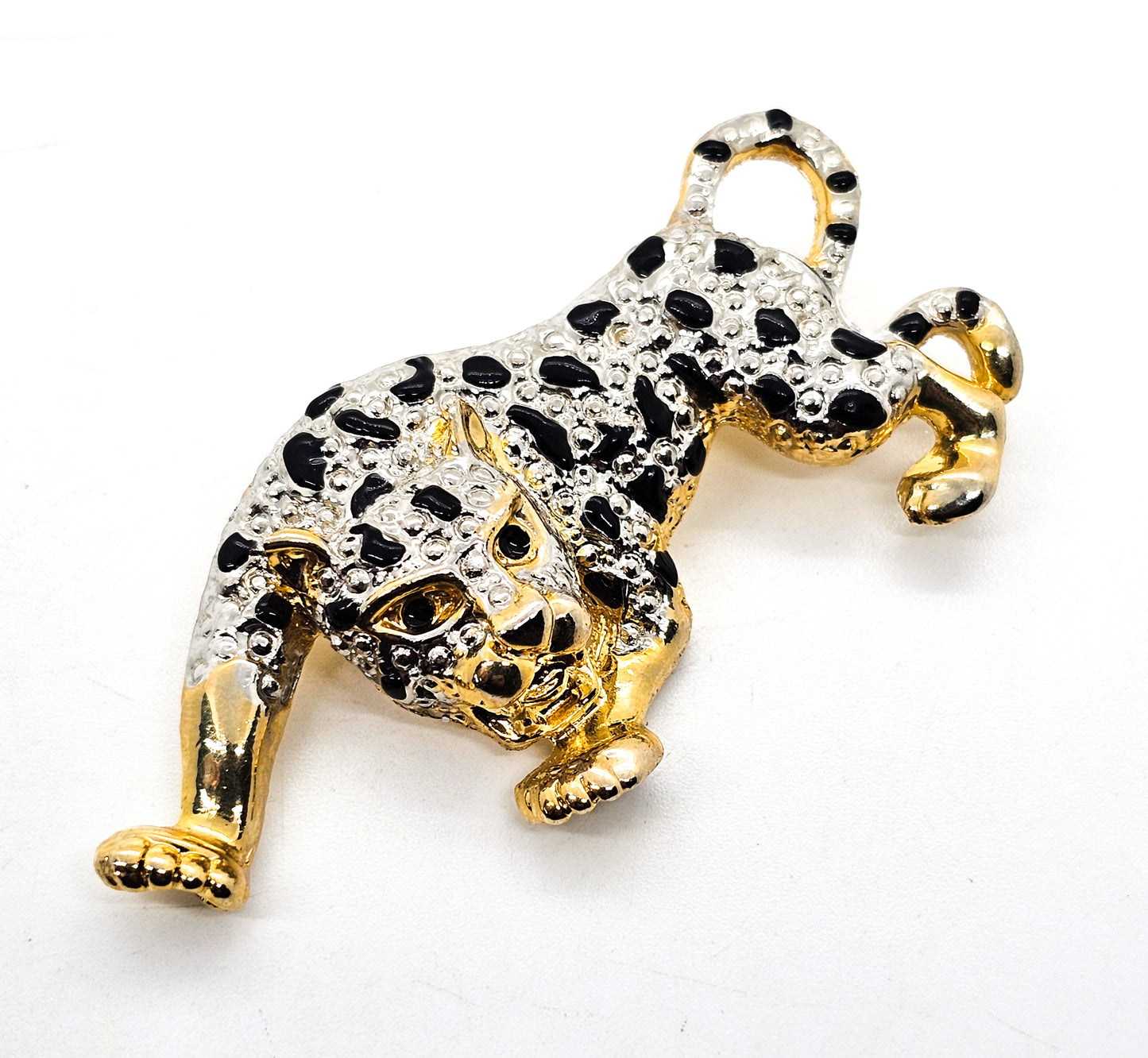 Big Cat Tri Color gold with black and silver accents vintage figural brooch