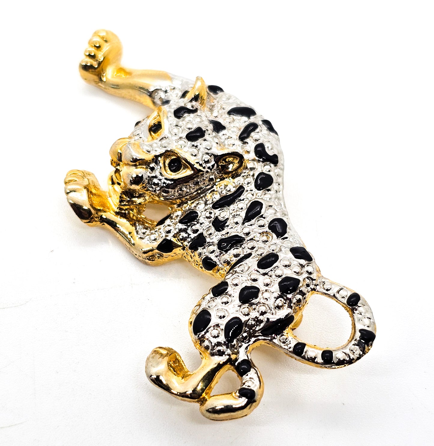 Big Cat Tri Color gold with black and silver accents vintage figural brooch