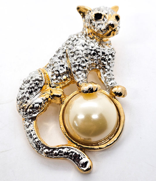 Big Cat Silver and Gold toned faux pearl vintage figural feline brooch