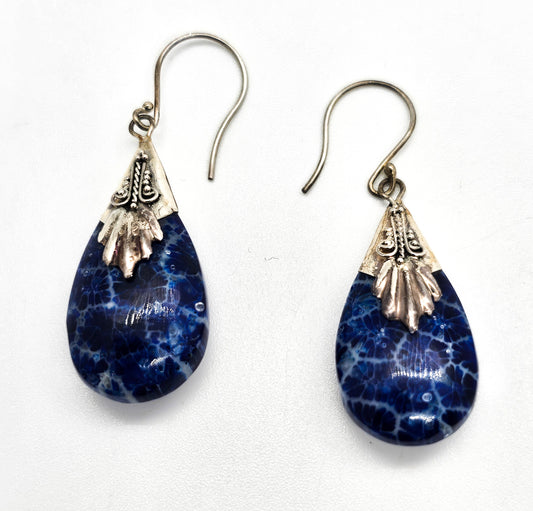 Retro blue acrylic Bali Tribal style drop vintage sterling silver earrings