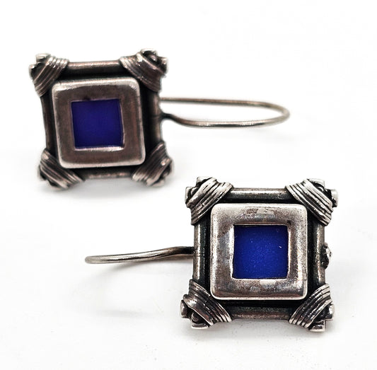 Lapis Lazuli blue gemstone square framed signed vintage sterling silver earrings