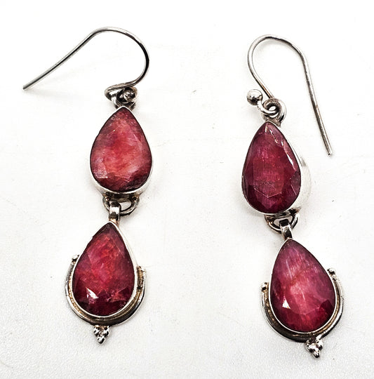 Raw African Ruby Double Pear cut vintage sterling silver drop earrings