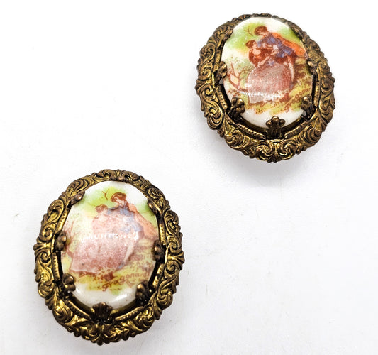 Courting Couple Cameo Porcelain Germany vintage clip on earrings