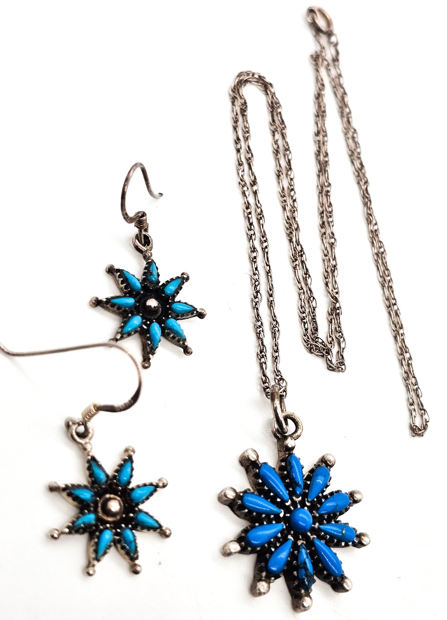 Petite Point Zuni Native American turquoise sterling silver earrings and necklace set