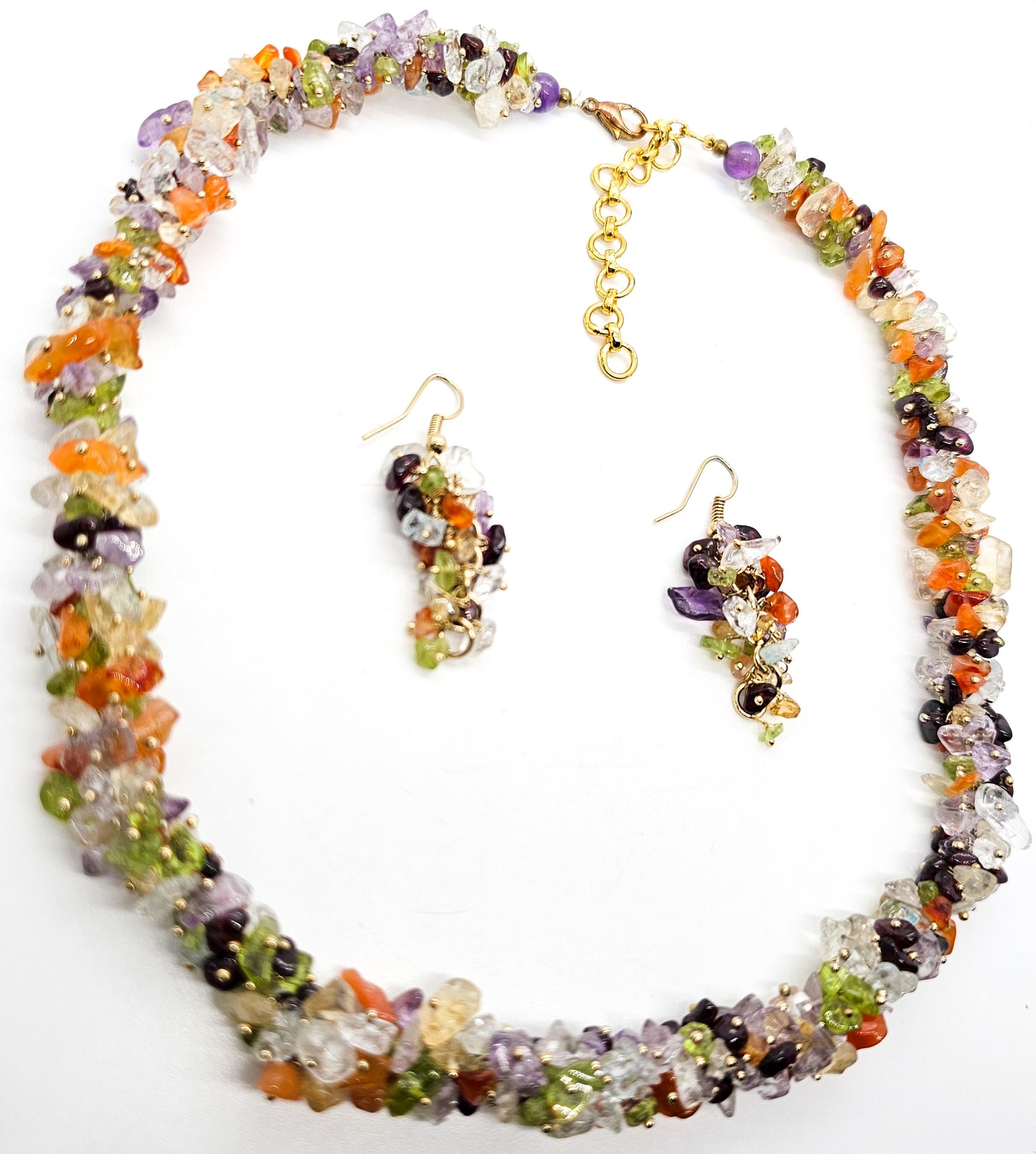 Multi gemstone chip cluster yellow gold plated necklace and earrings set
