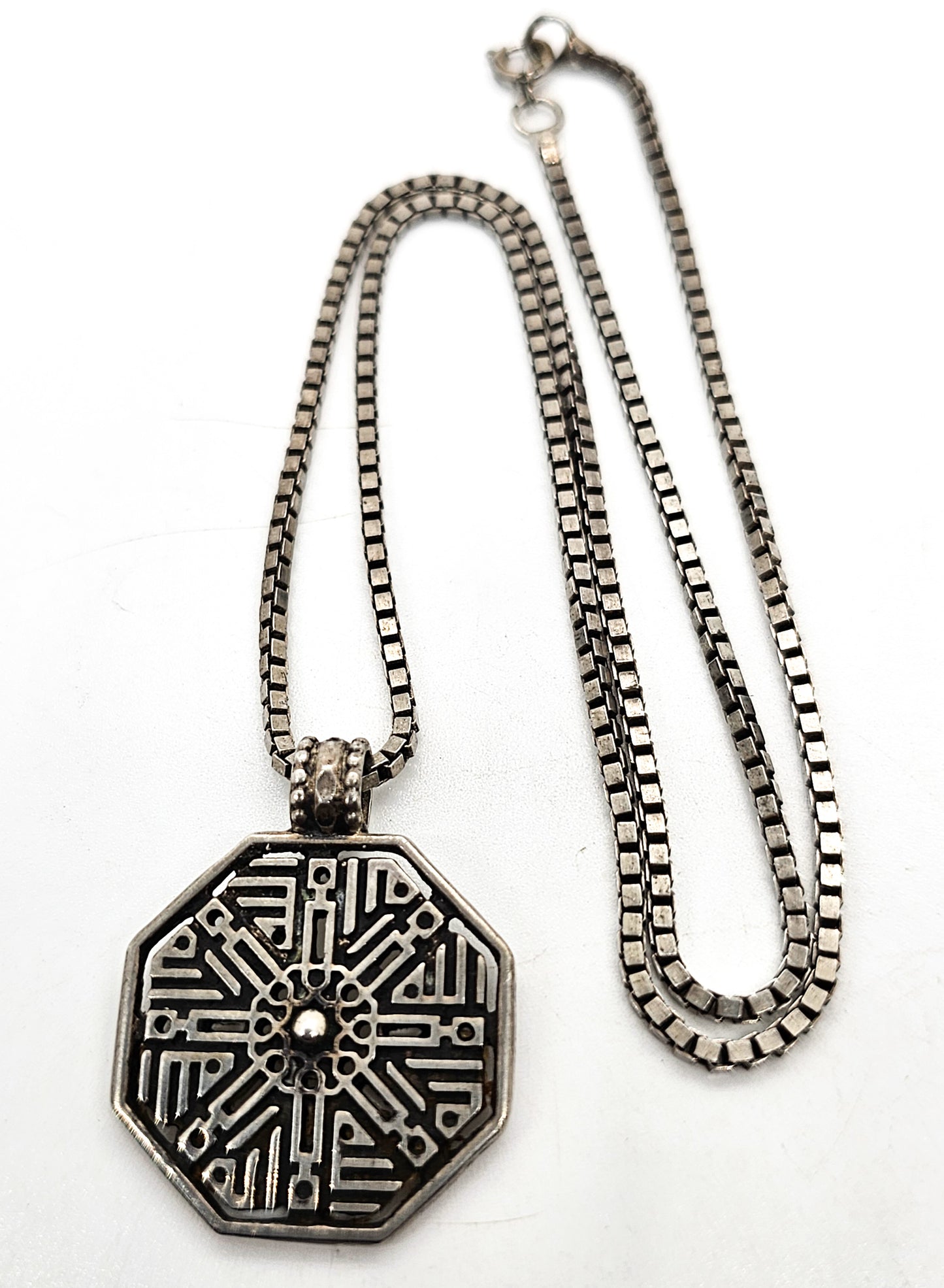 Egyptian Revival Sacred Geometry mandala vintage stamped sterling silver necklace