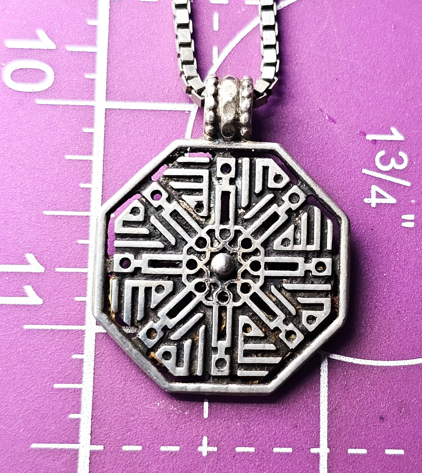 Egyptian Revival Sacred Geometry mandala vintage stamped sterling silver necklace