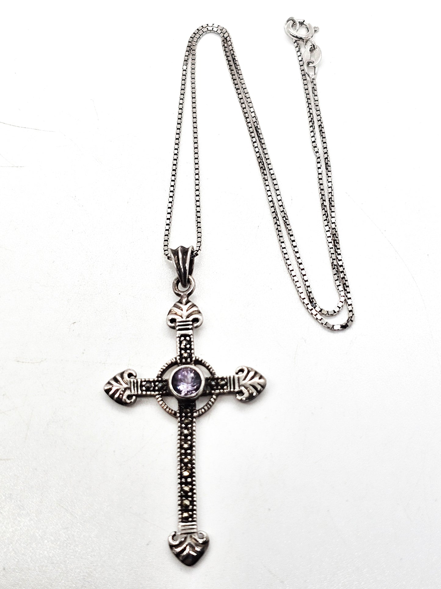 Amethyst and Marcasite SU sterling silver vintage  cross pendant necklace