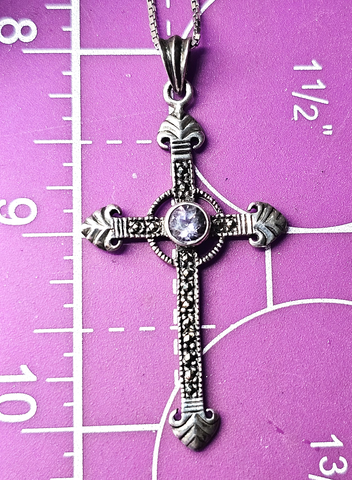 Amethyst and Marcasite SU sterling silver vintage  cross pendant necklace