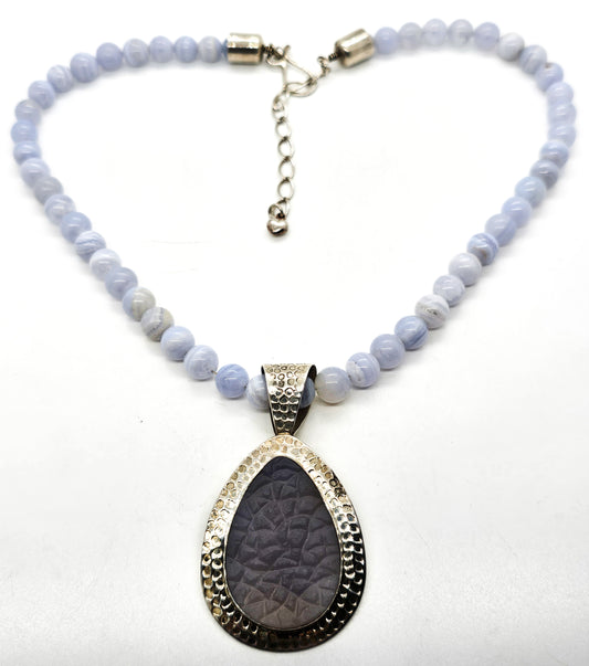 Desert Rose Trading Blue Lace Agate Chalcedony sterling silver beaded necklace