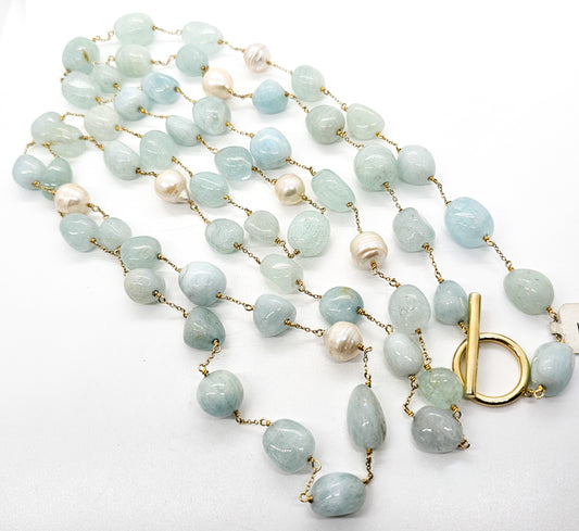 JCL Aquamarine and Freshwater pearl Vermeil gold over sterling long 62" necklace