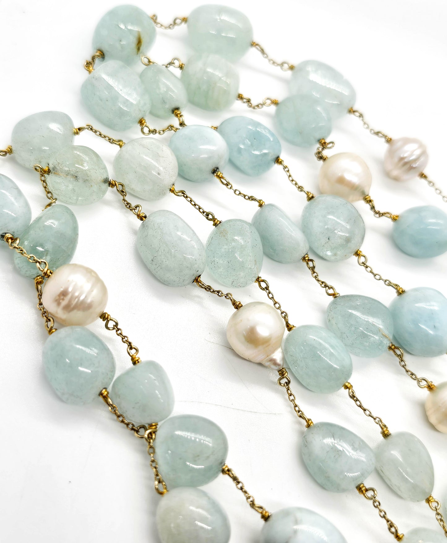 JCL Aquamarine and Freshwater pearl Vermeil gold over sterling long 62" necklace