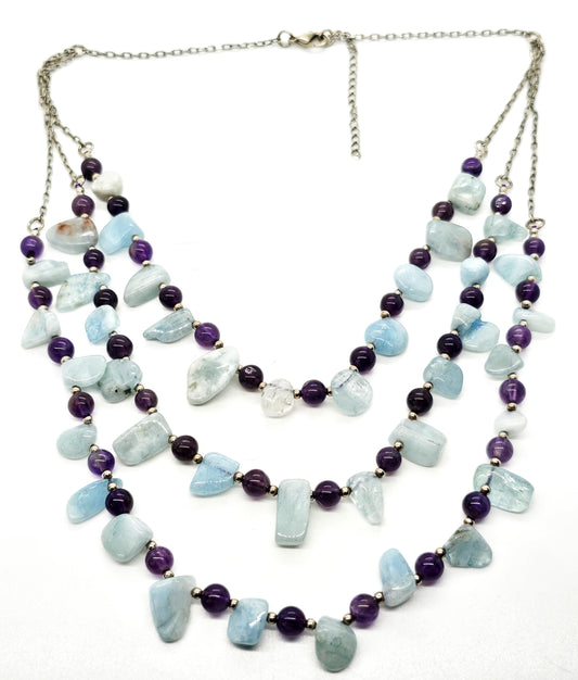 Aquamarine and amethyst gemstone triple strand three layer statement necklace