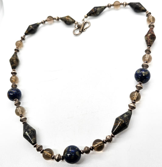 Apache Botryoidal pyrite, lapis lazuli and smoky quartz beaded sterling silver artisan necklace
