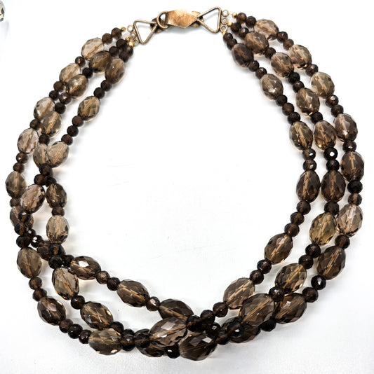 Smoky Quartz Three strand beaded gemstone vermeil sterling silver vintage necklace