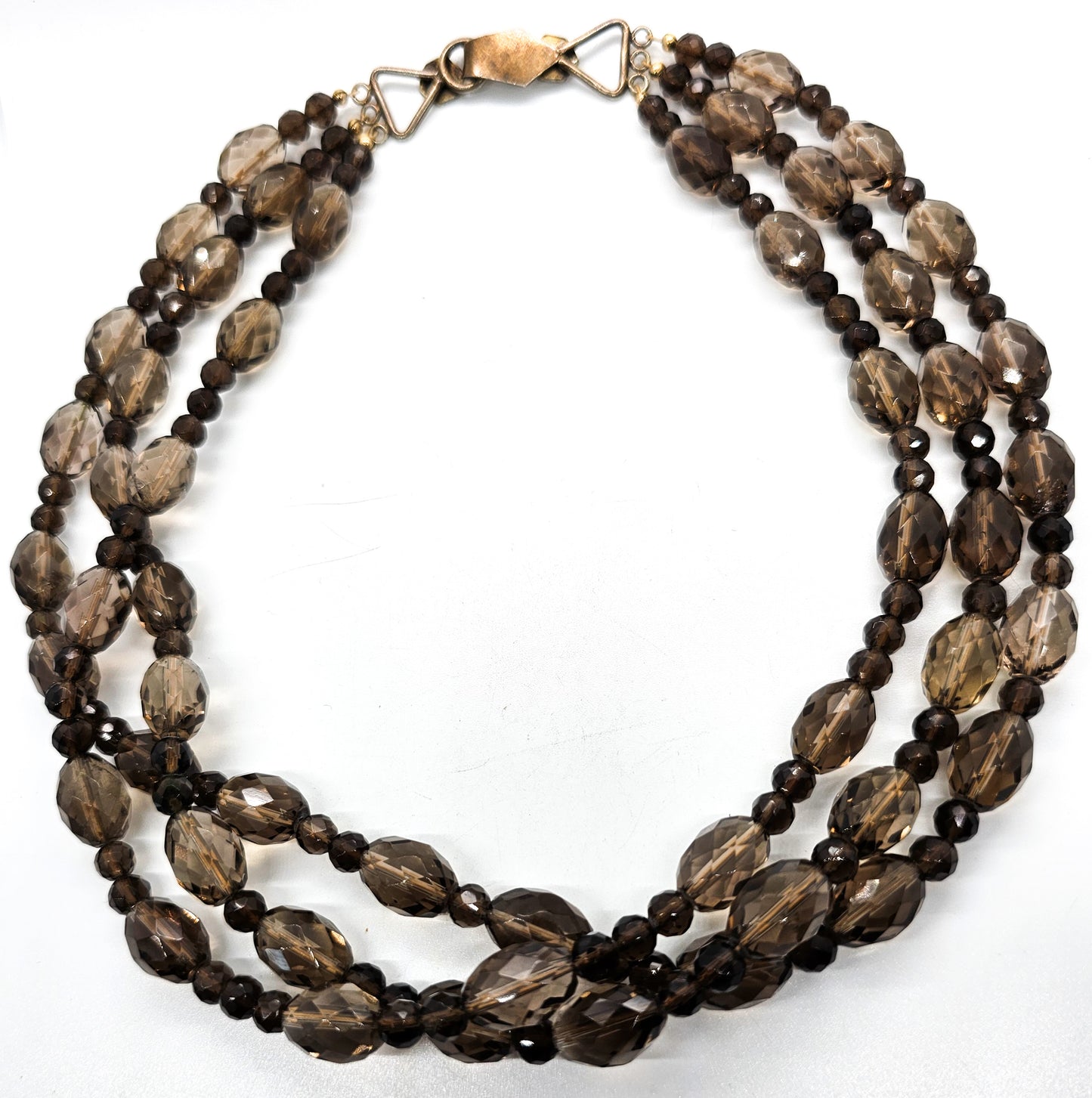 Smoky Quartz Three strand beaded gemstone vermeil sterling silver vintage necklace