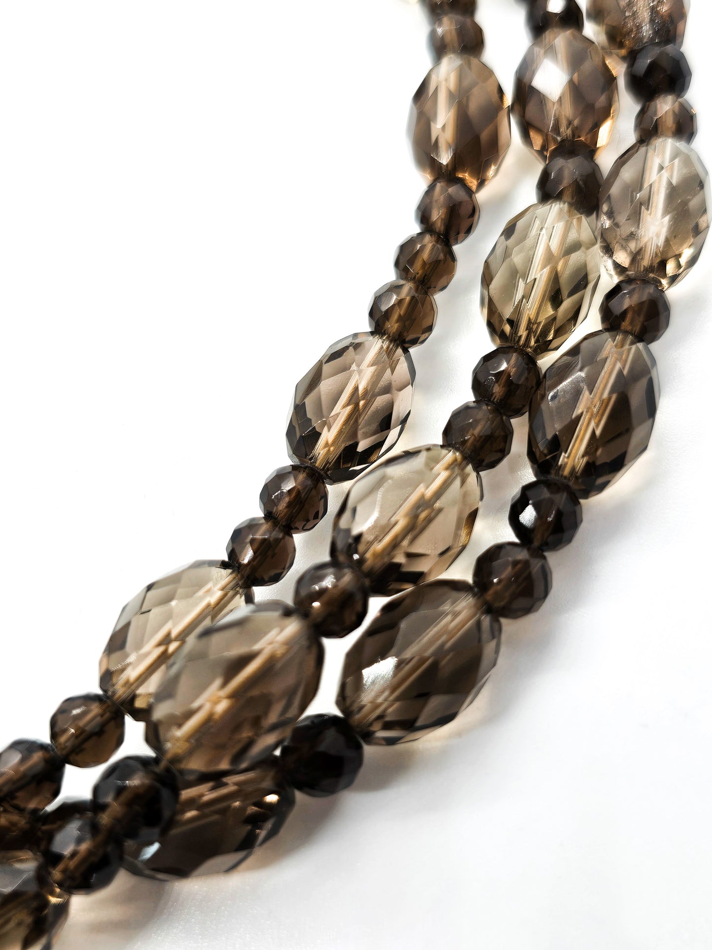 Smoky Quartz Three strand beaded gemstone vermeil sterling silver vintage necklace