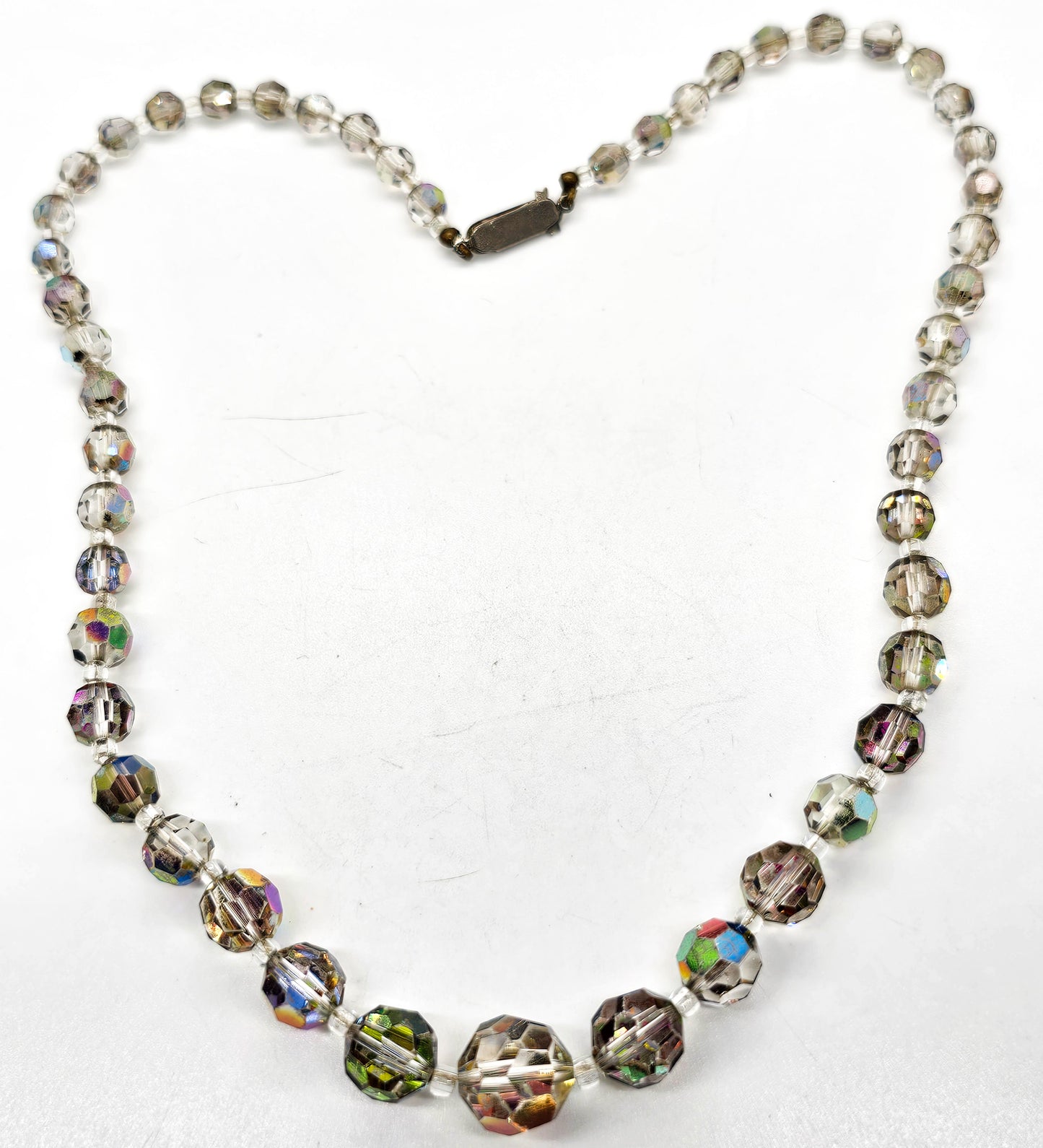 Austrian crystal smoky aurora borealis graduated beaded vintage mid century necklace