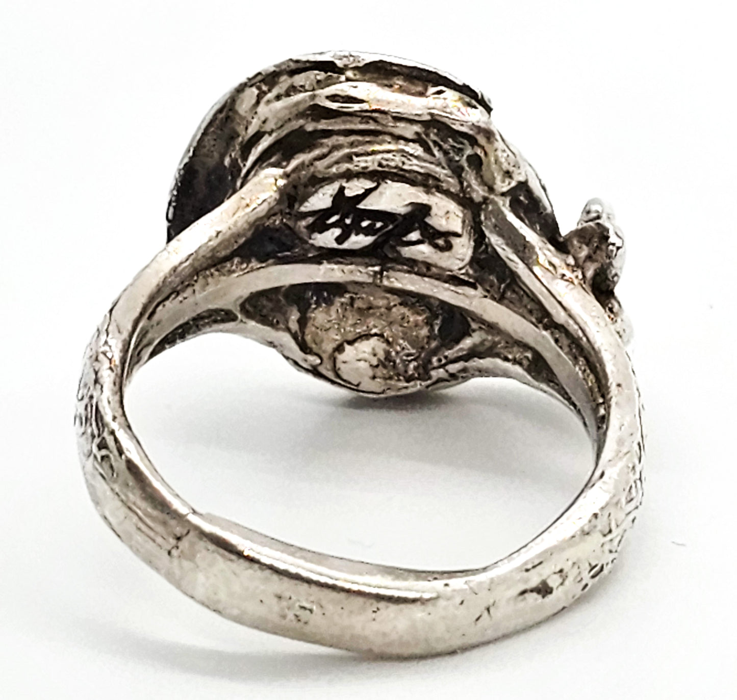 Black opal doublet casted artisan signed flower embossed sterling silver ring size 11