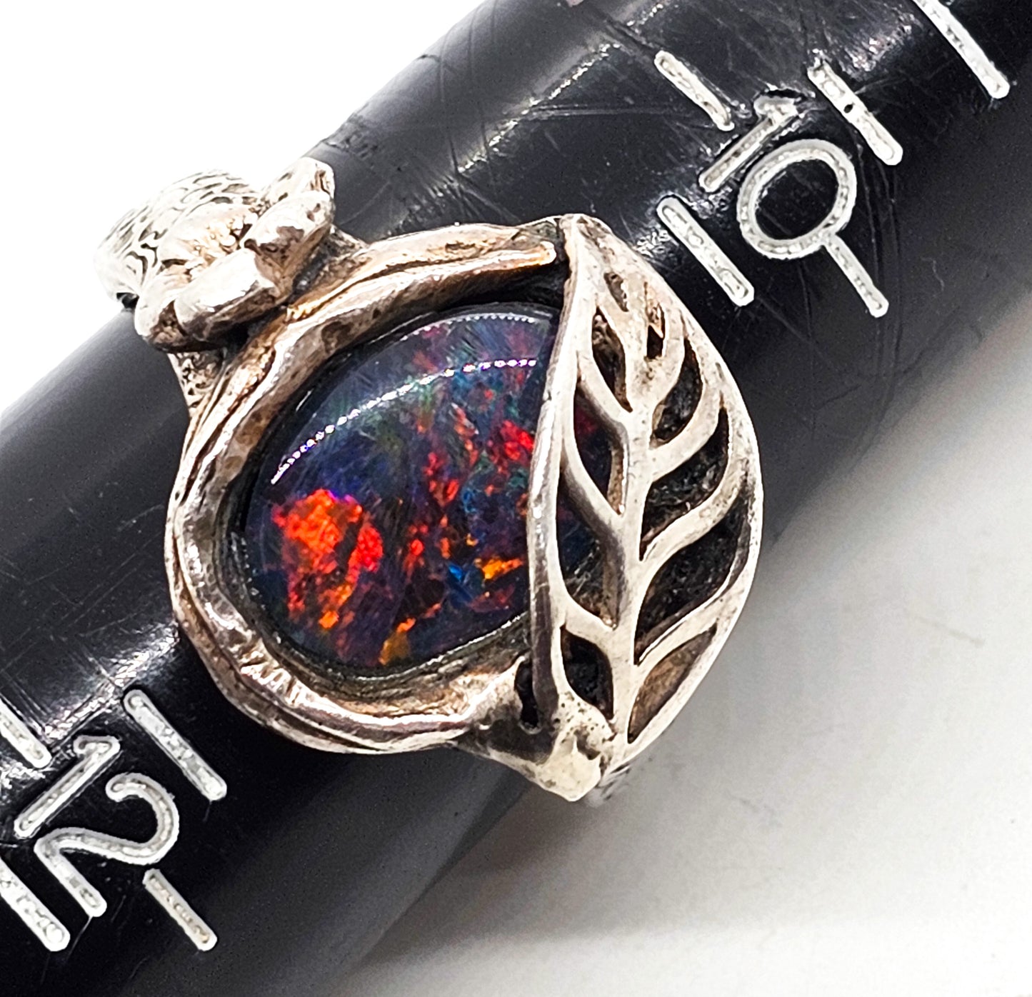 Black opal doublet casted artisan signed flower embossed sterling silver ring size 11