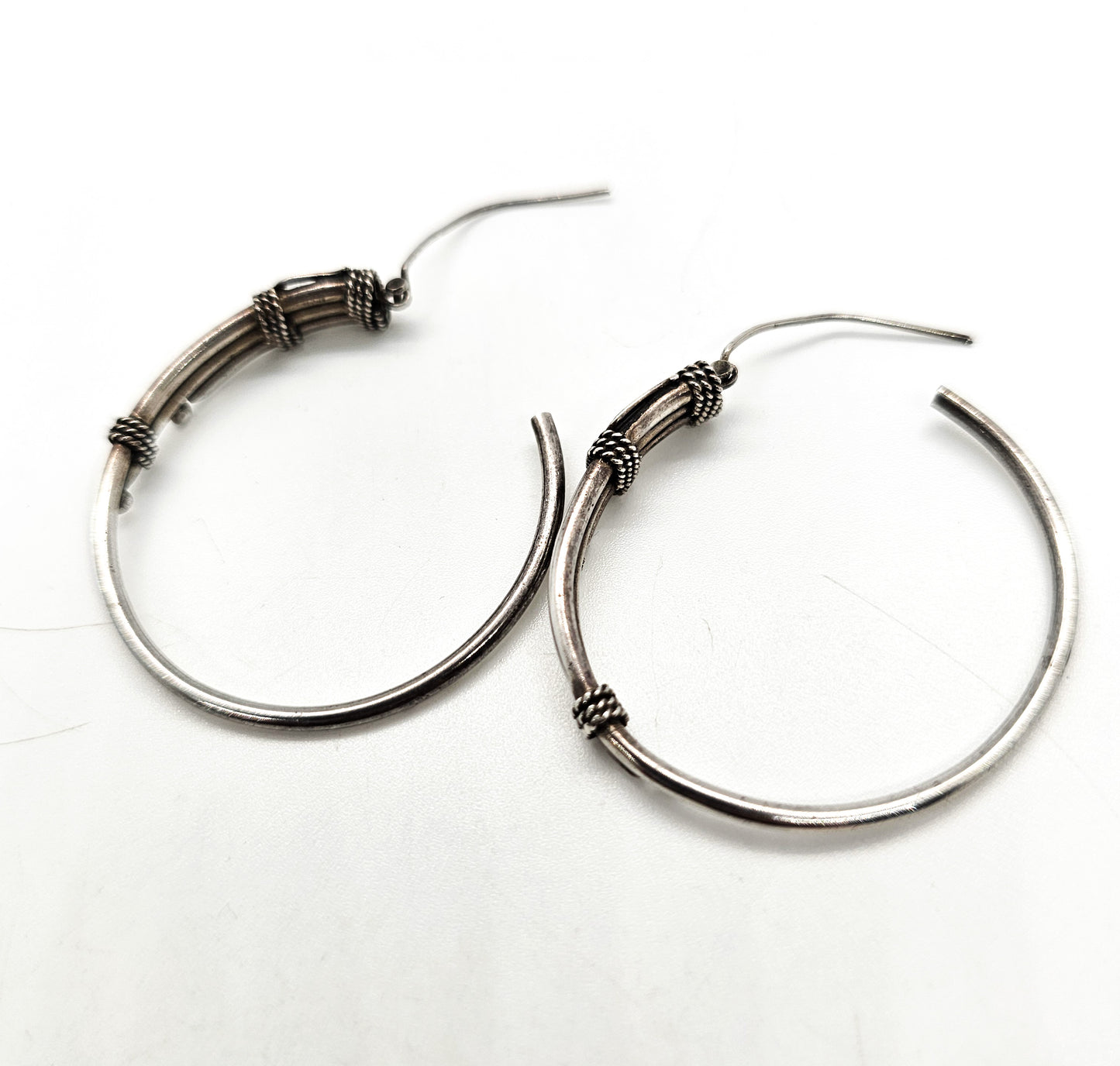 Bamboo shoot vintage sterling silver Bali Balinese style large hoop earrings