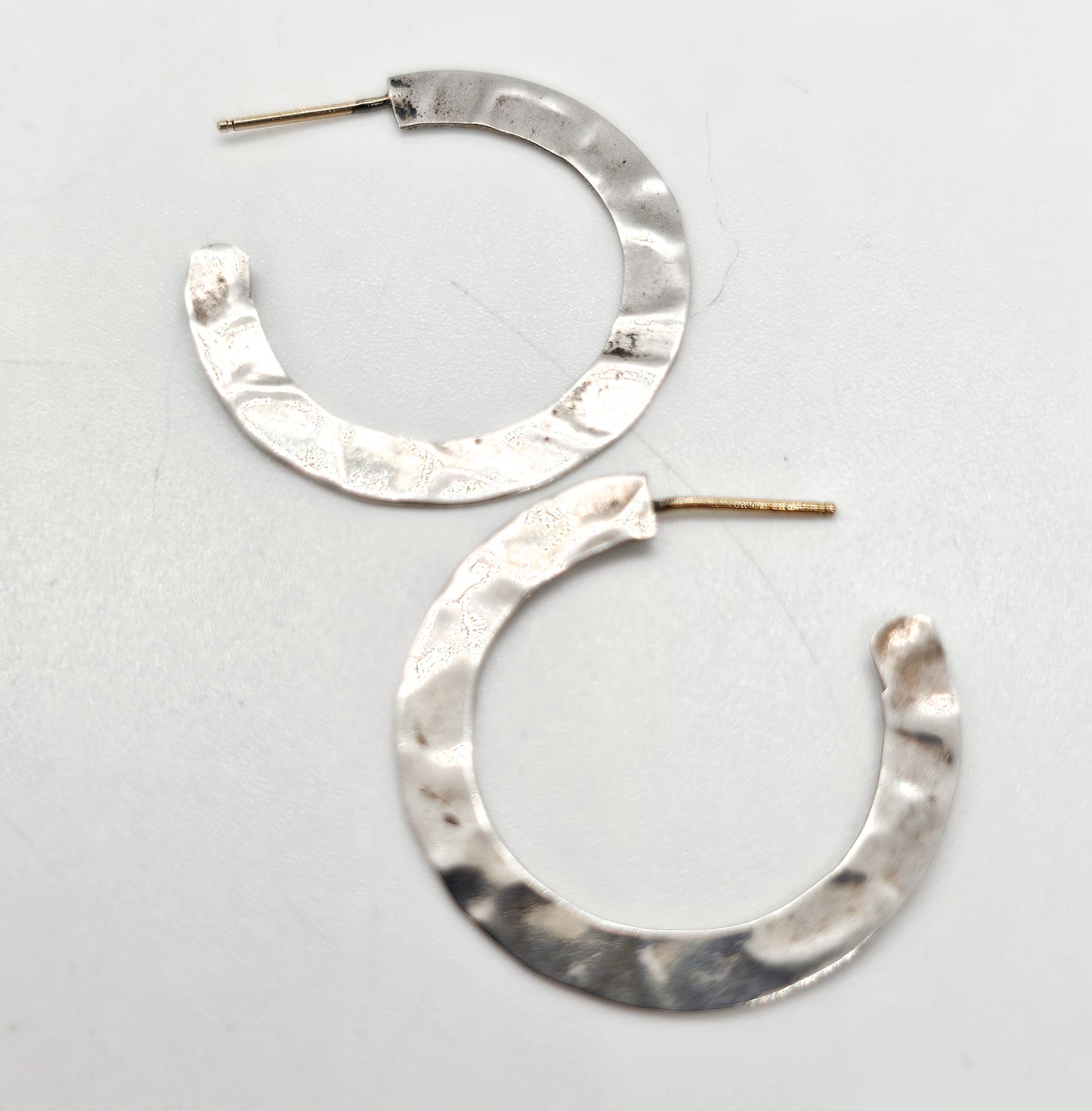 W-P hammered thin flat vintage sterling silver artisan hoop earrings