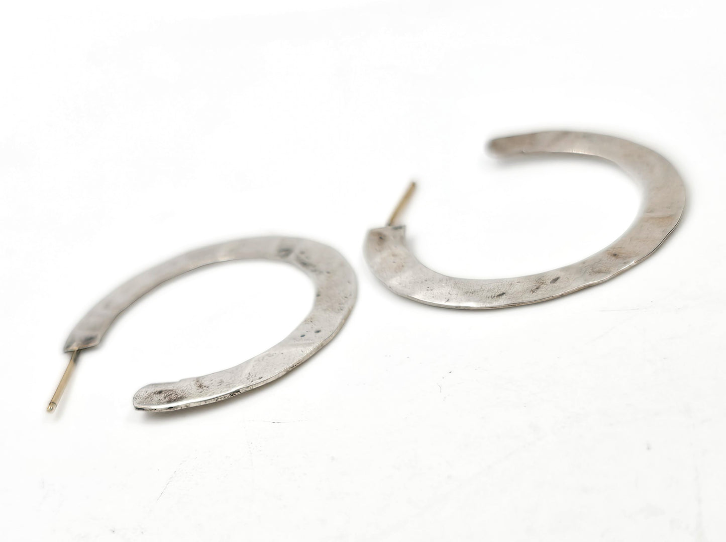 W-P hammered thin flat vintage sterling silver artisan hoop earrings