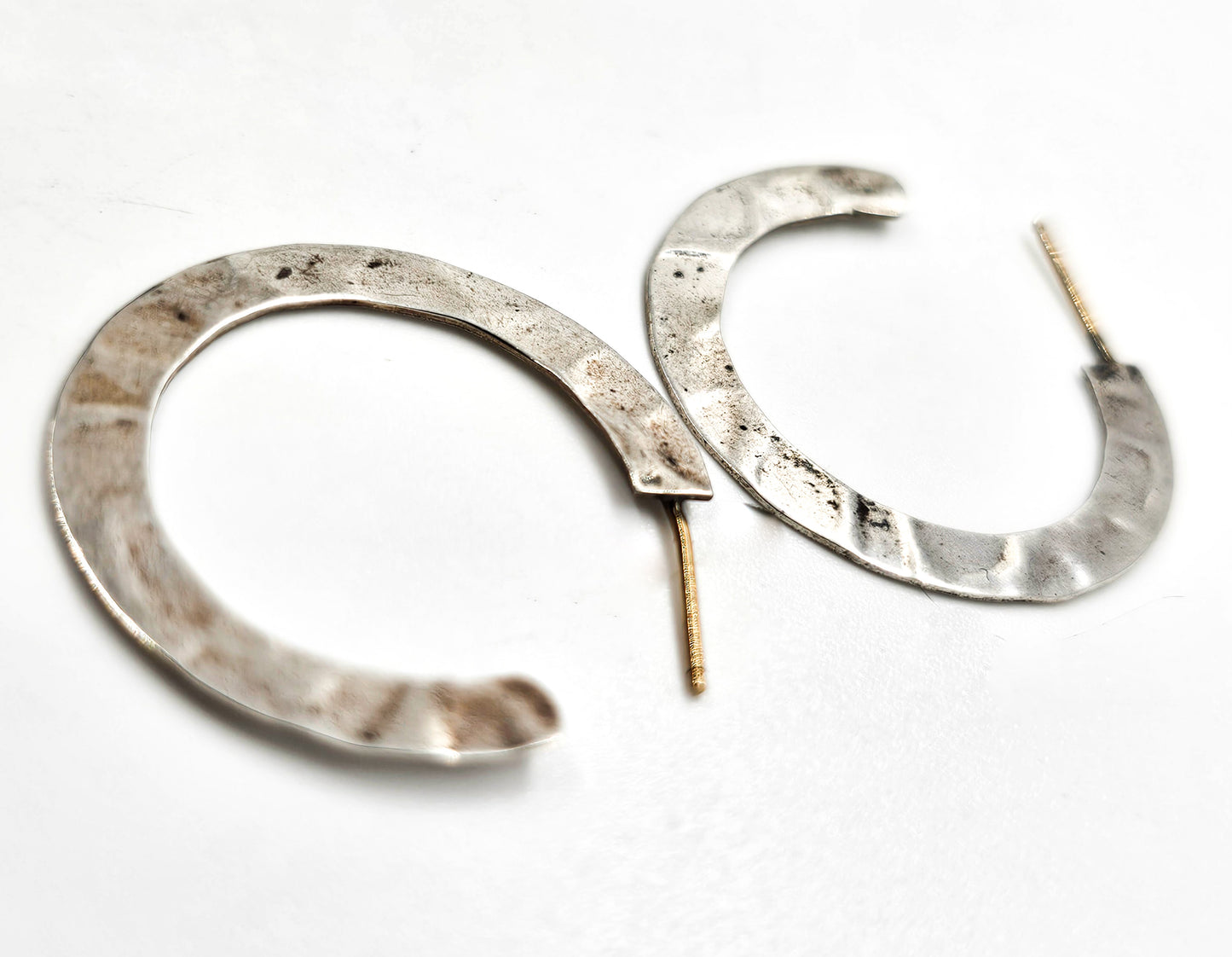 W-P hammered thin flat vintage sterling silver artisan hoop earrings