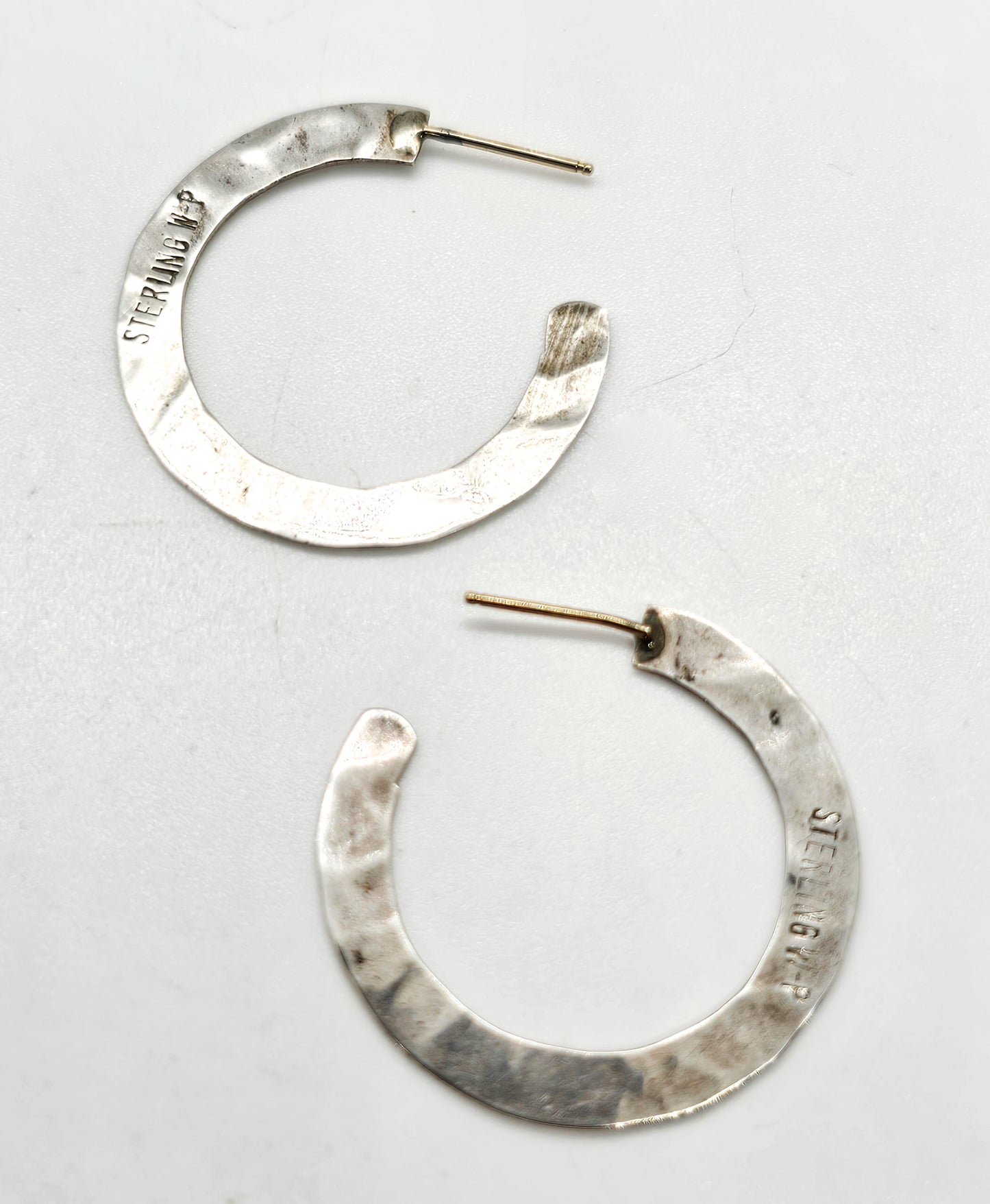 W-P hammered thin flat vintage sterling silver artisan hoop earrings