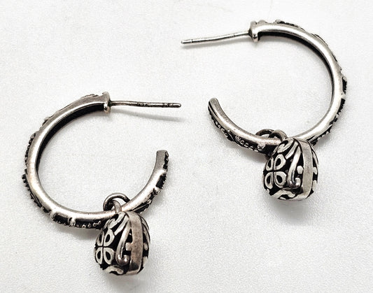 Tribal Heart charm Bali Balinese SU sterling silver vintage hoop earrings