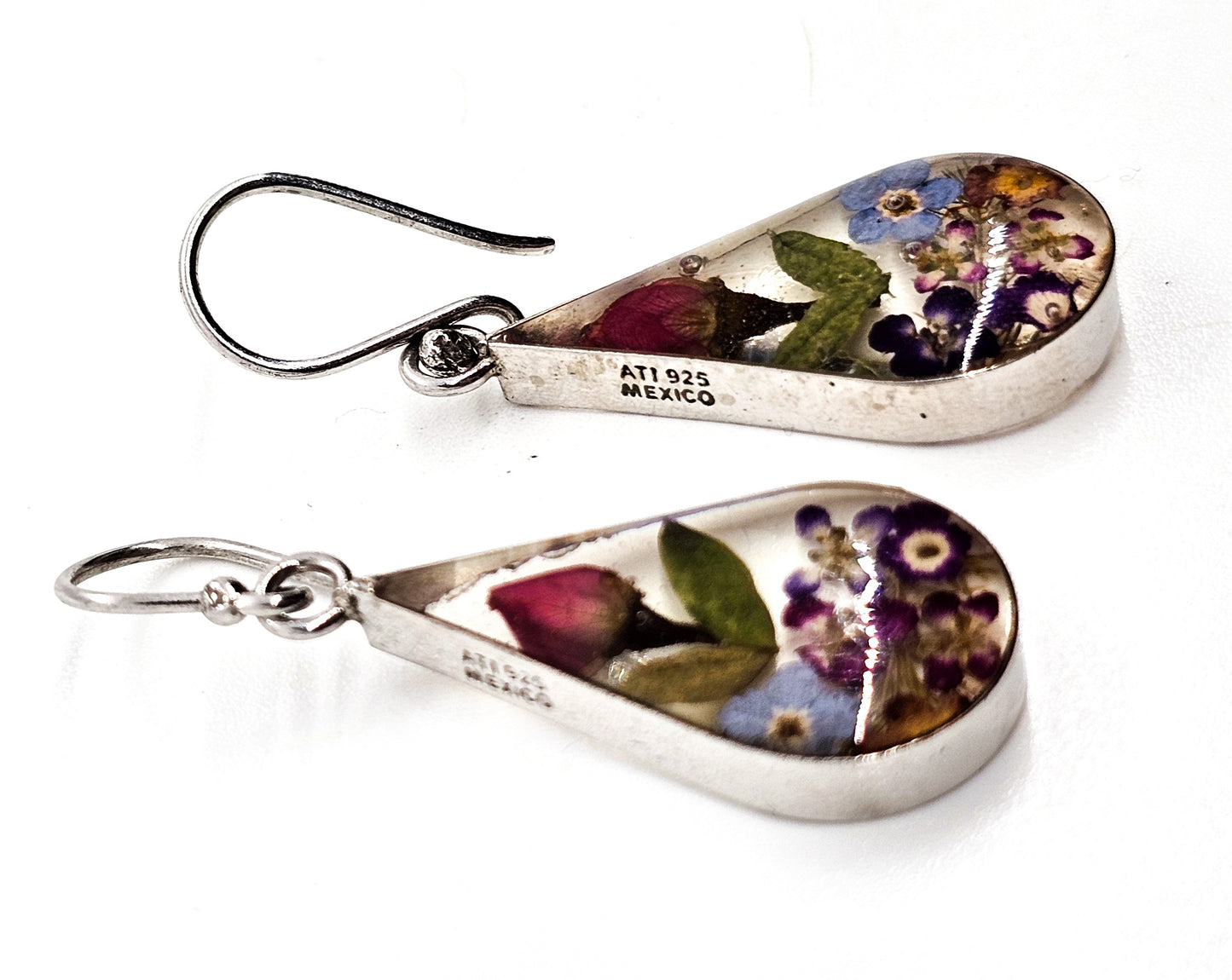 Annika Witt Rose bud flower resin Mexican sterling silver drop earrings ATI