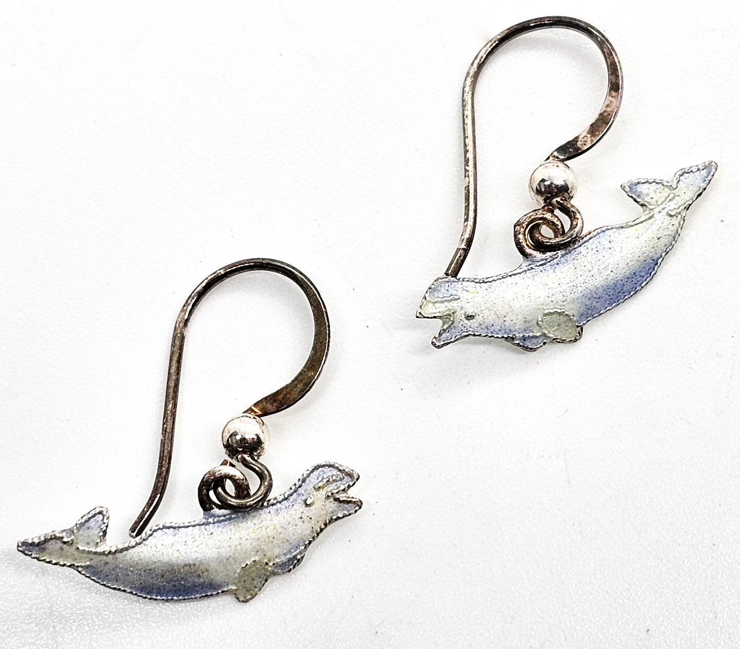 Beluga whale white enamel sterling silver drop figural marine sea life earrings