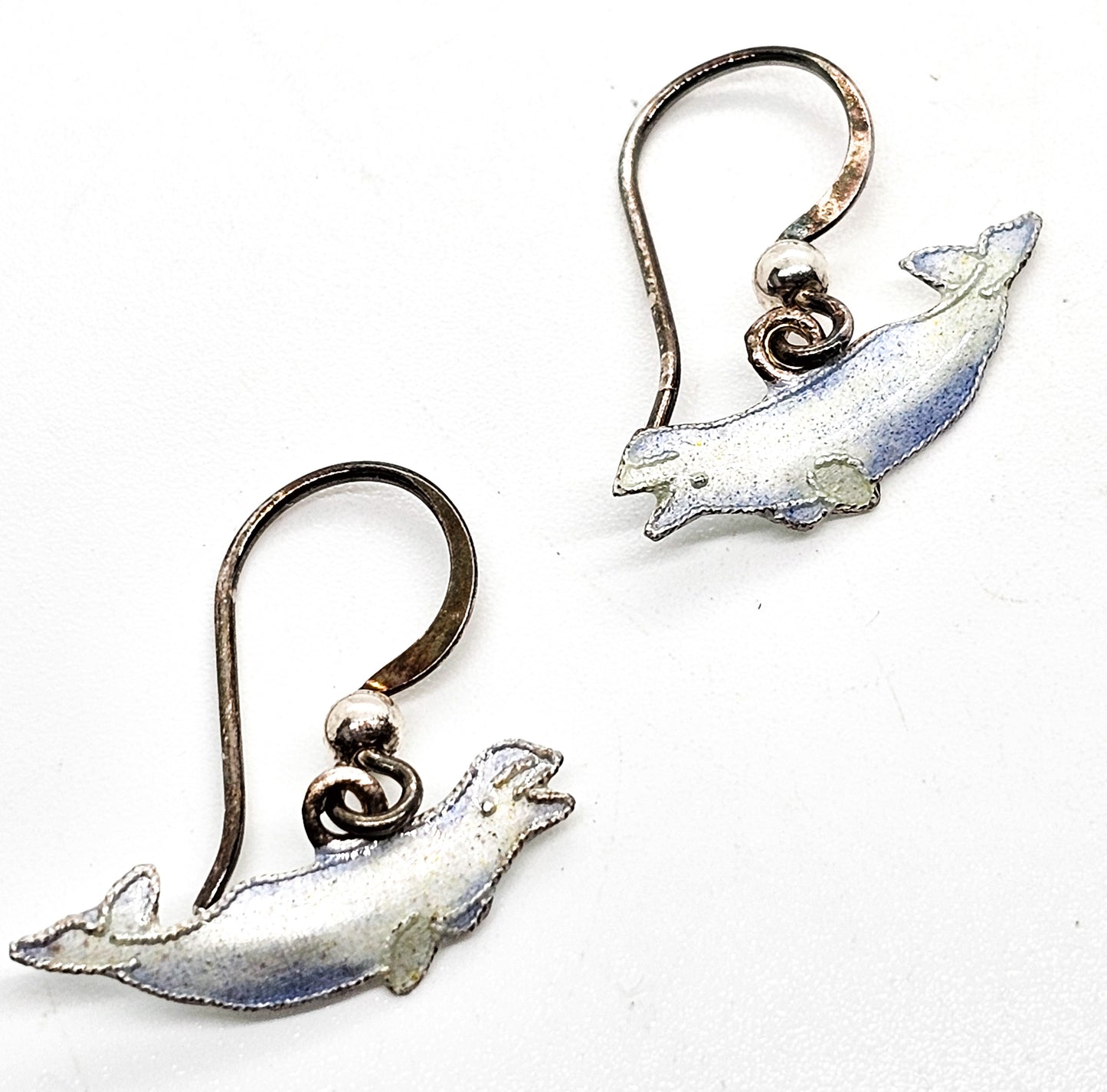 Beluga whale white enamel sterling silver drop figural marine sea life earrings