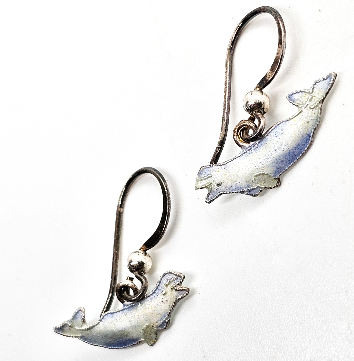 Beluga whale white enamel sterling silver drop figural marine sea life earrings