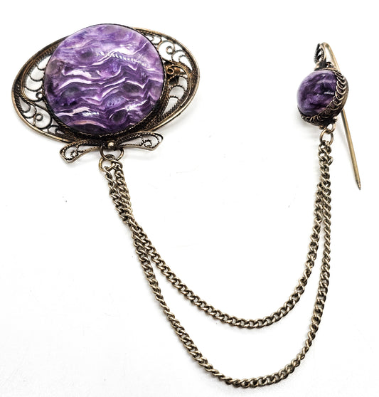 Russian Charoite purple banded gemstone silver plated vintage filigree brooch lapel pin